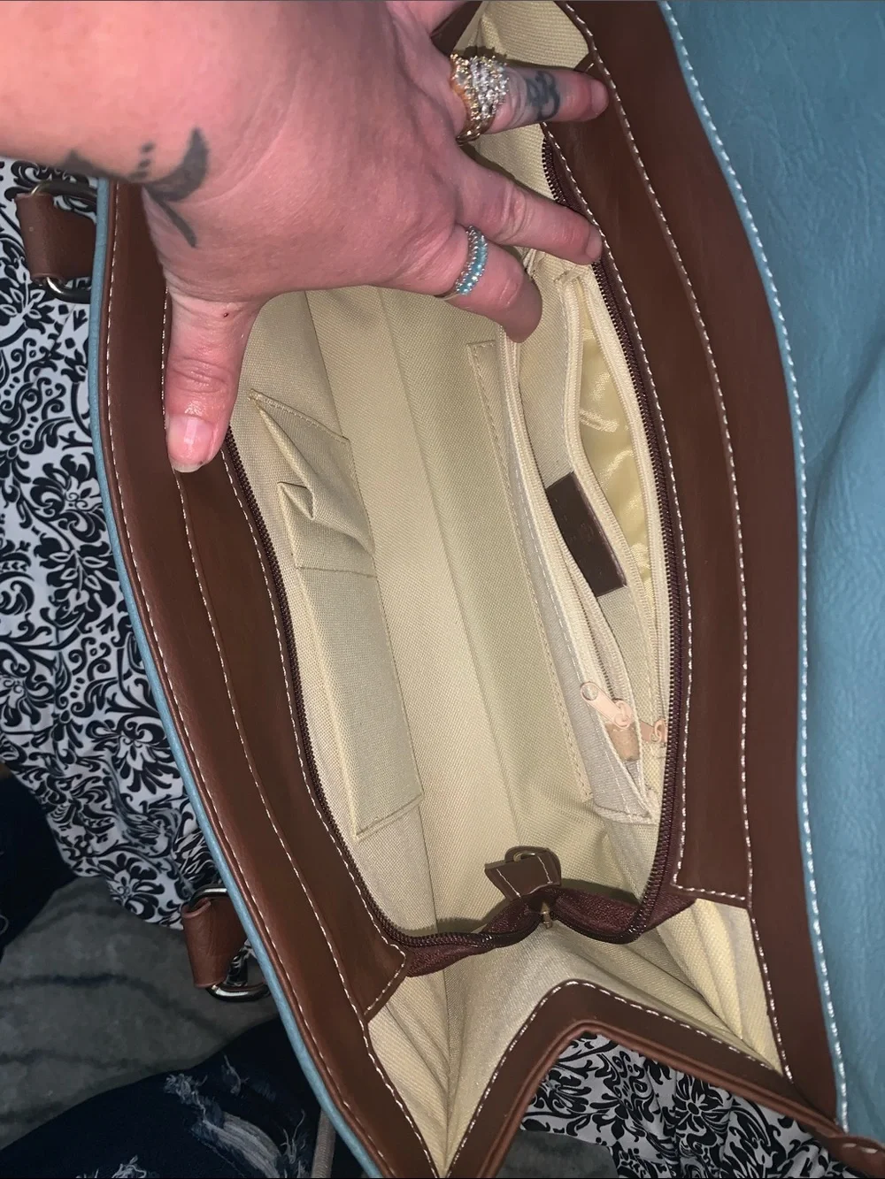 Tory Burch Teal and Brown Leather Satchel with Tassel Accent